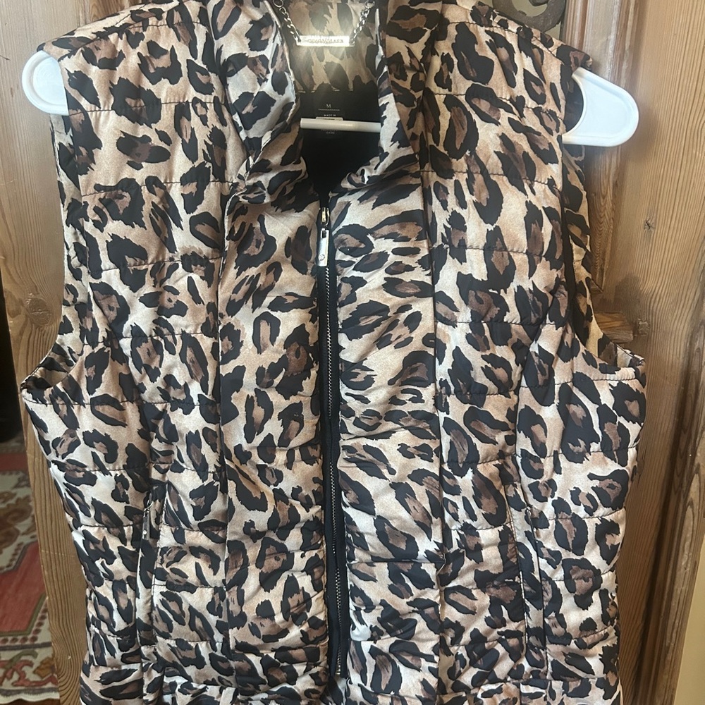 White House Black Market Leopard Print Puffer Vest - Tan Black Brown